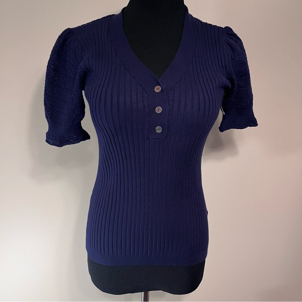 Philosophy Blue Cuffed Sleeve Blouse with Ribbed Fitted Style